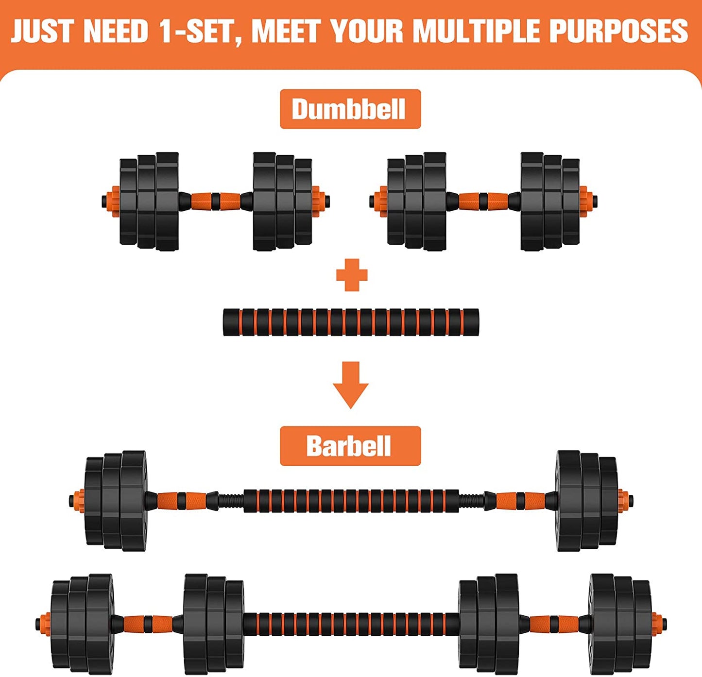 Adjustable Weights Dumbbells Set, 44Lbs  2 in 1 Weights Barbell Dumbbells Non-Slip Neoprene Hand with Connecting Rod for Adults Women Men Fitness,Home Gym Exercise Training Equipment YA018